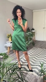 Abrir y reproducir video en la galería Vestido acetato verde THEORY (Retail $8,850)
